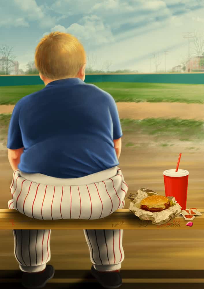 childhood obesity, obese child sits on bench alongside cheeseburger and soda