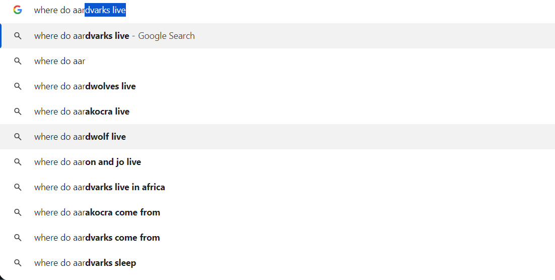 browser search: where do aardvarks live