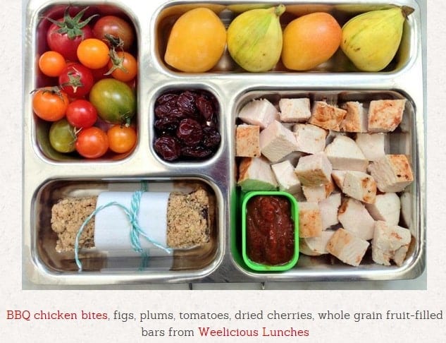 school lunches tray with veggies, protein, carbs, and fruit