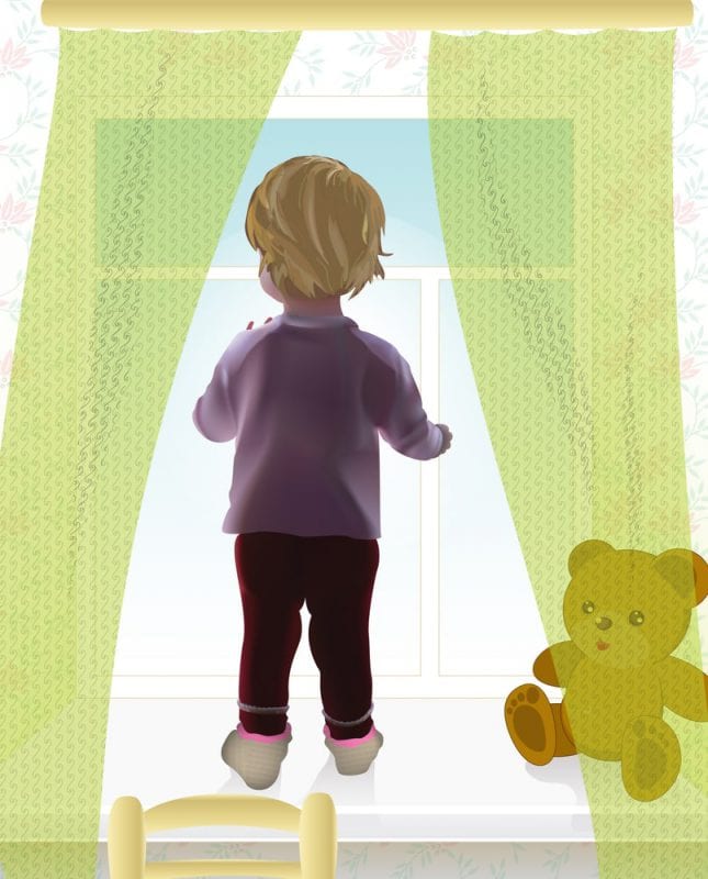 illustration, child looks out window, teddy bear