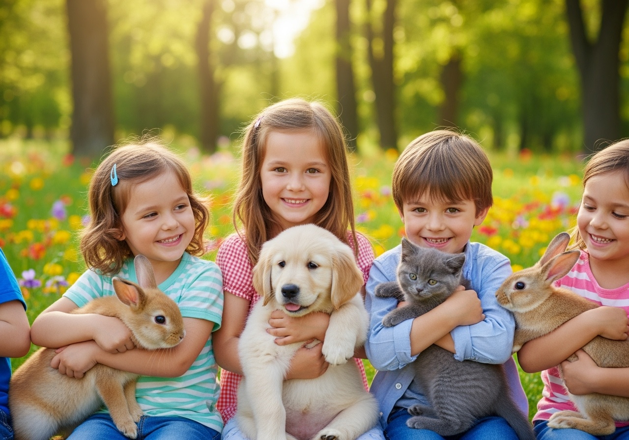 Children who are animal lovers cuddle animals