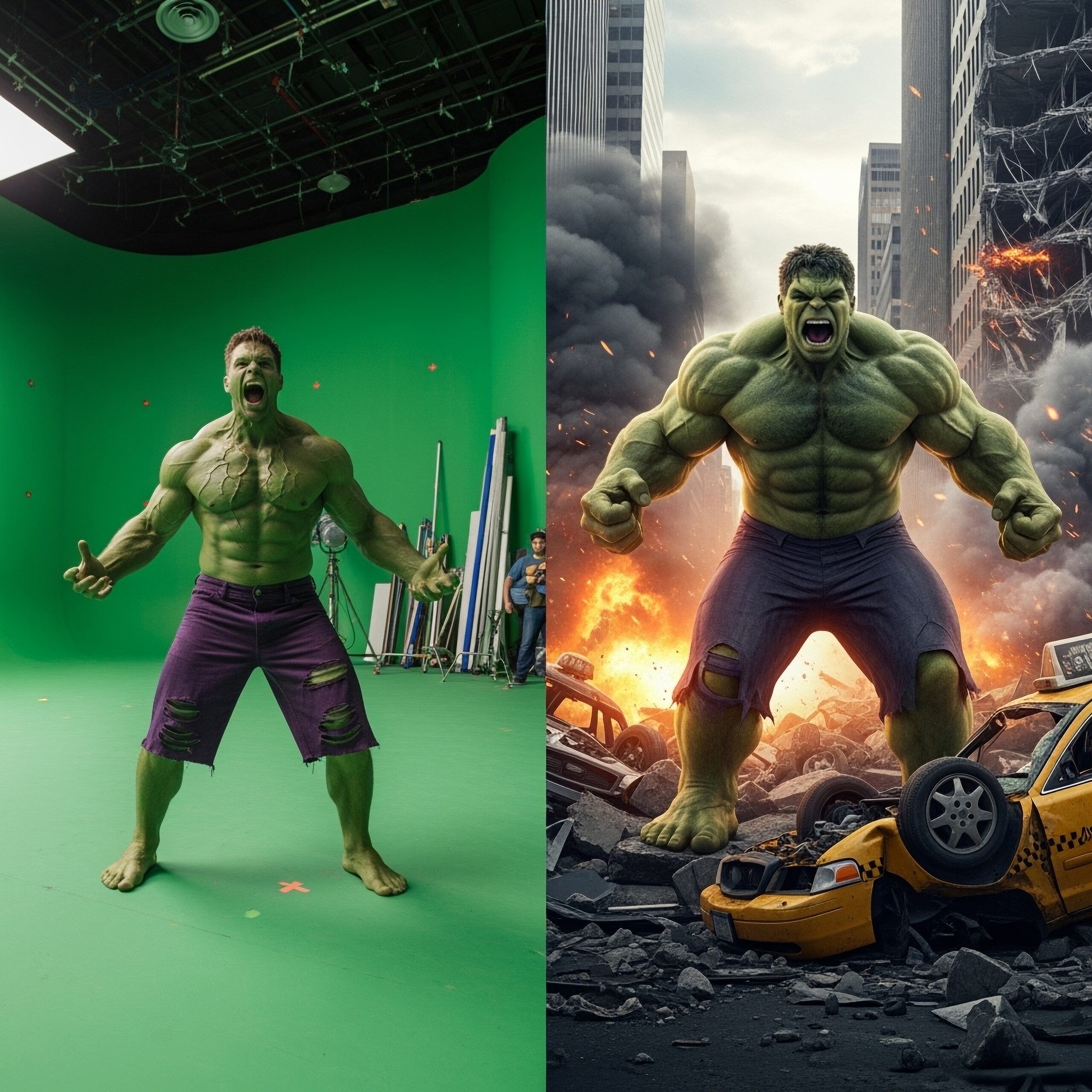 green screen before and after scene of the hulk