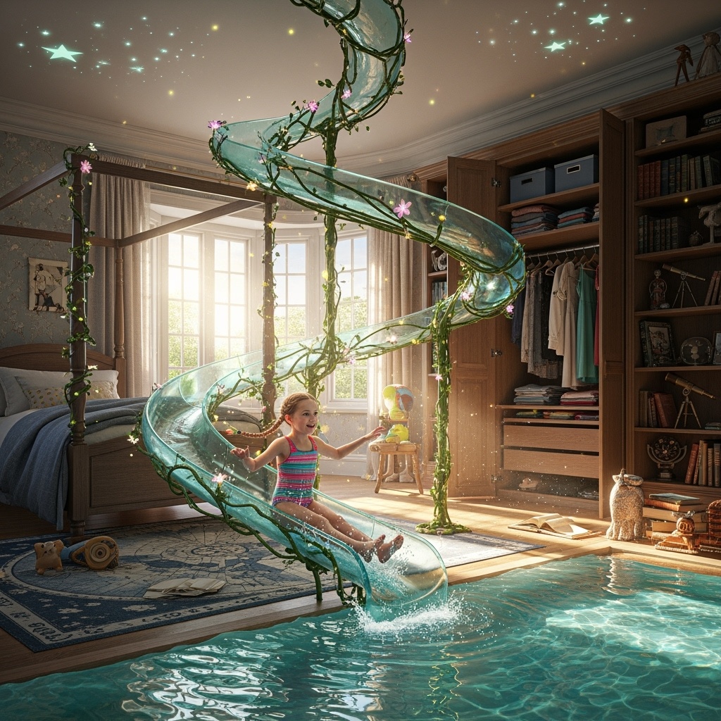 Beautiful fantasy room, realistic, child rides water slide from bed to closet, represents freedom to explore for kids