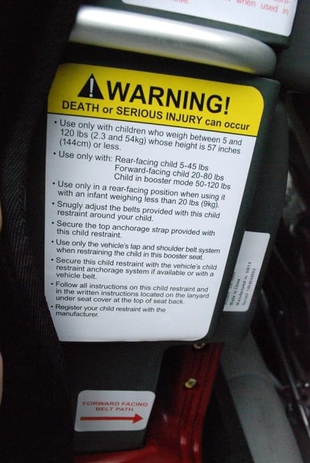 Label on 3-in-1 car seat, separate height/weight limits per mode