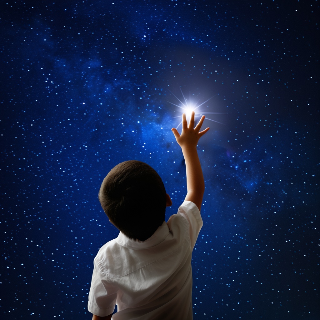Child with back to viewer, facing the universe, reaching up and touching a star