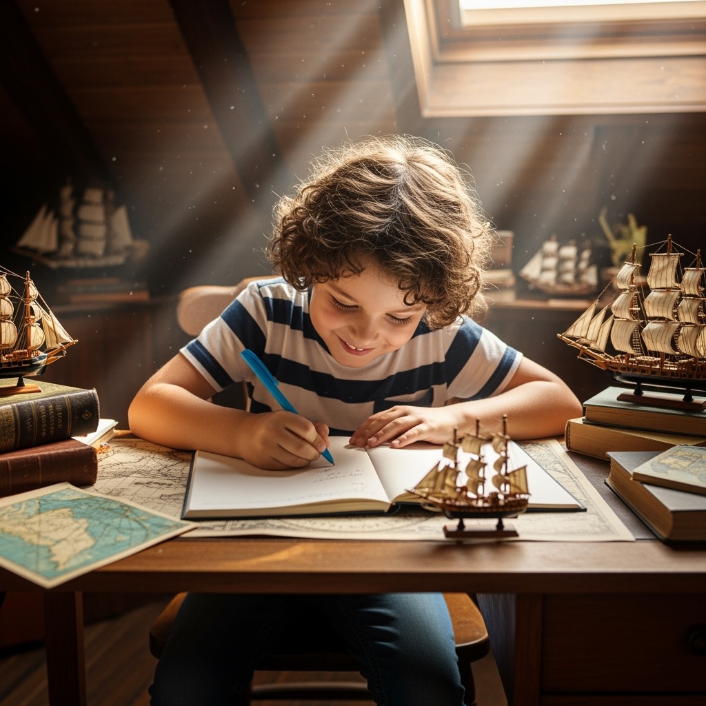 boy child writes a book models of ships and maps are everywhere