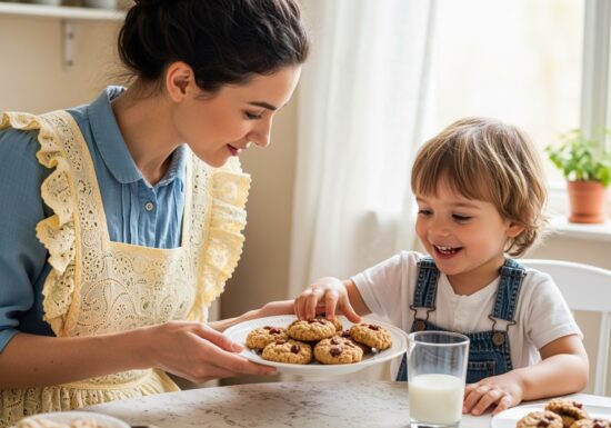 mother in old fashioned frilly apron offers plate of oatmeal date cookies to smiling boy