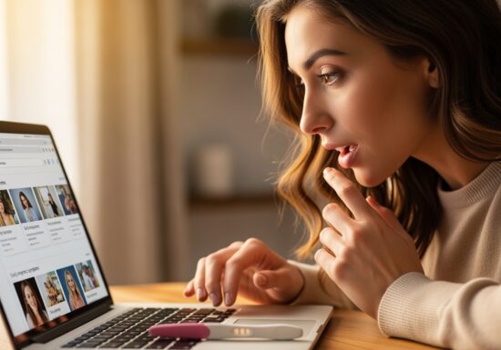 A photo of a woman who just found out she is pregnant, searching on "Dr. Google" for pregnancy information, pregnancy test with two pink lines near her