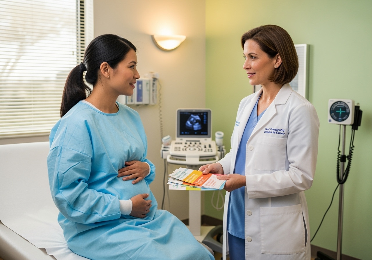 Woman at her first prenatal appointment with her OB Gyn. OB Gyn is very understanding, and offers pamphlets with information to patient. Realistic. Concerned. Caring