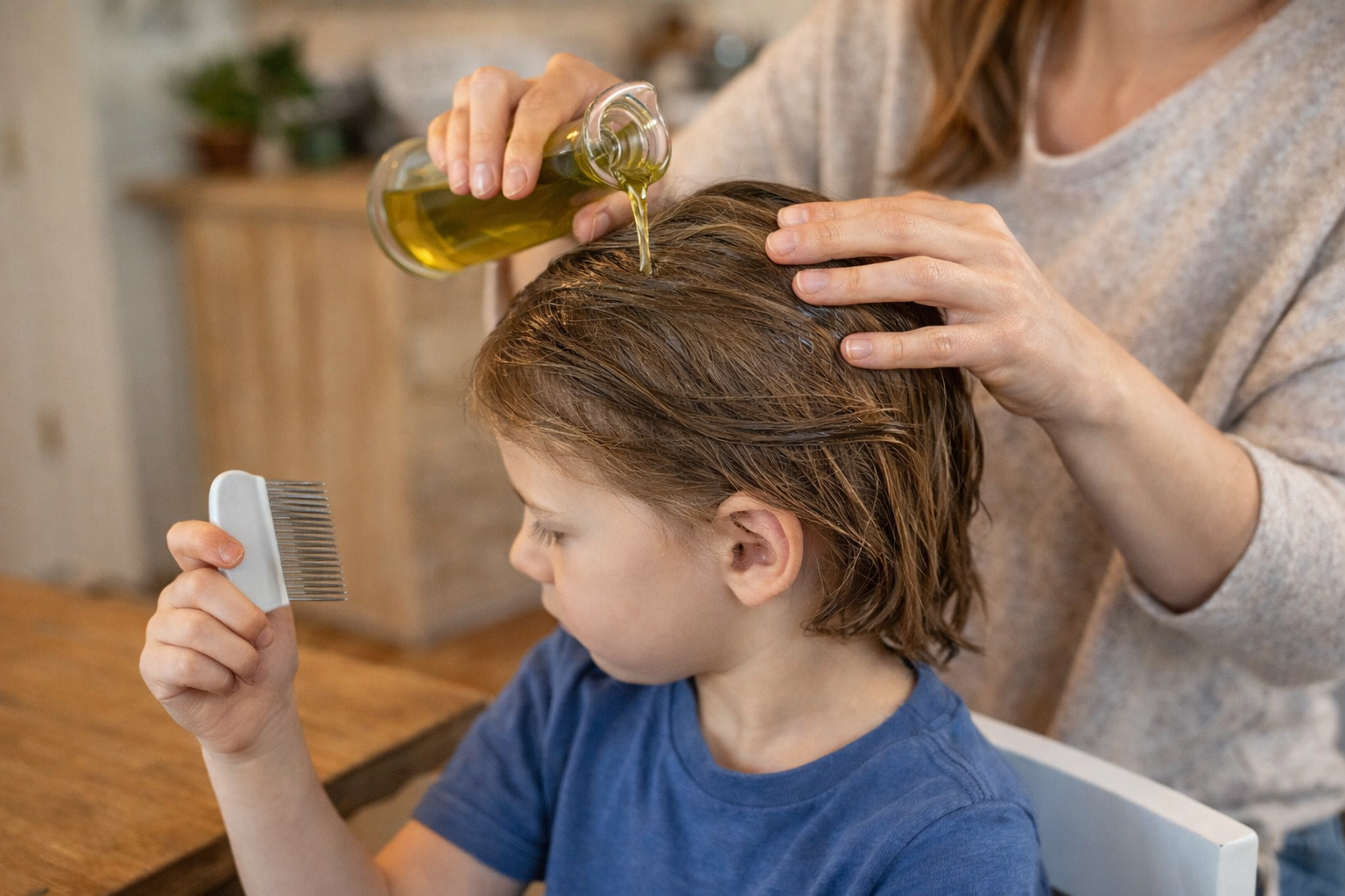 Mother applying olive oil to a child’s hair while the child holds a lice comb during home lice treatment