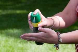 Don't spray repellent directly to the face, but put it on your hand and then pat it onto your face