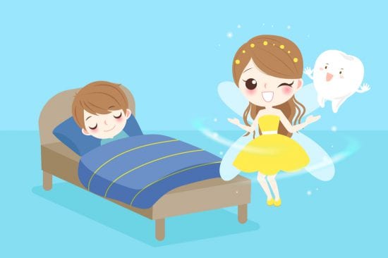 Cartoon Tooth Fairy with wand and tooth winking at sleeping boy