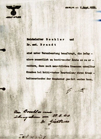 Hitler's letter granting permission to engage in euthanasia of “incurably sick patients.”