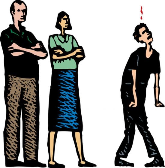 Colorful animation of parents standing firm against annoyed teenage boy