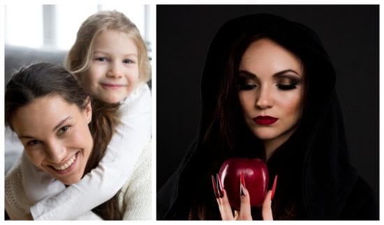 Good stepmother being loving and playful with smiling blond girl child riding piggy-back side by side with wicked stepmother in hooded black holding apple with long, sharp, red fingernails