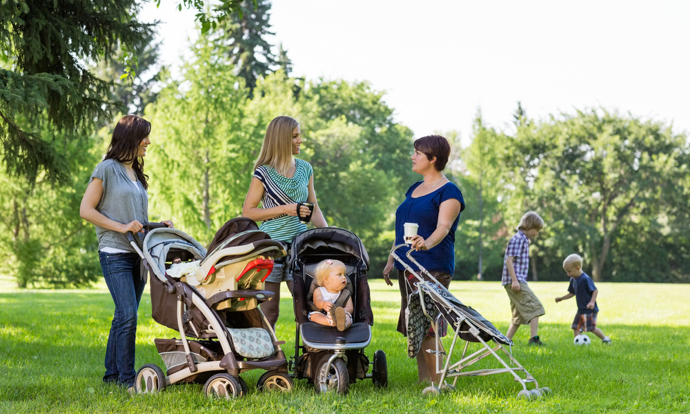 Happy mothers with baby strollers in park