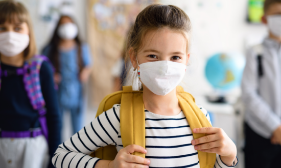 Little Girl with backpack and mask symbolizing education during coronavirus