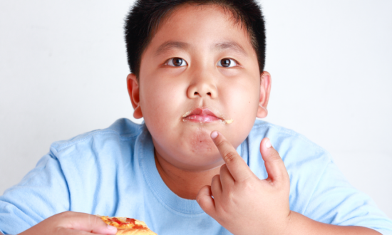 Child weight gain is illustrated by obese asian boy eating pizza