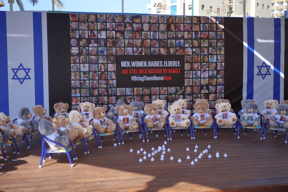 Netanya, Israel - November 5th 2023. Street installation - the sign of solidarity and a reminder of Israeli children, adults and elderly people kidnapped and taken hostage by Hamas on October 7th 2023.