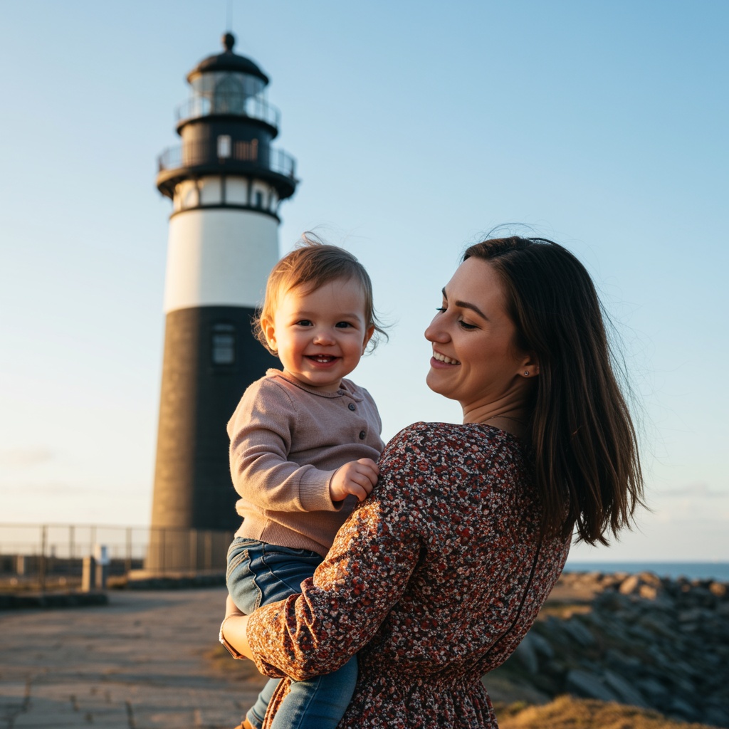 smiling mom looks at smiling toddler in her arms, lighthouse in background