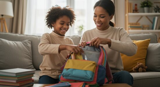 Parent helping child with executive function challenges organize a backpack for school.