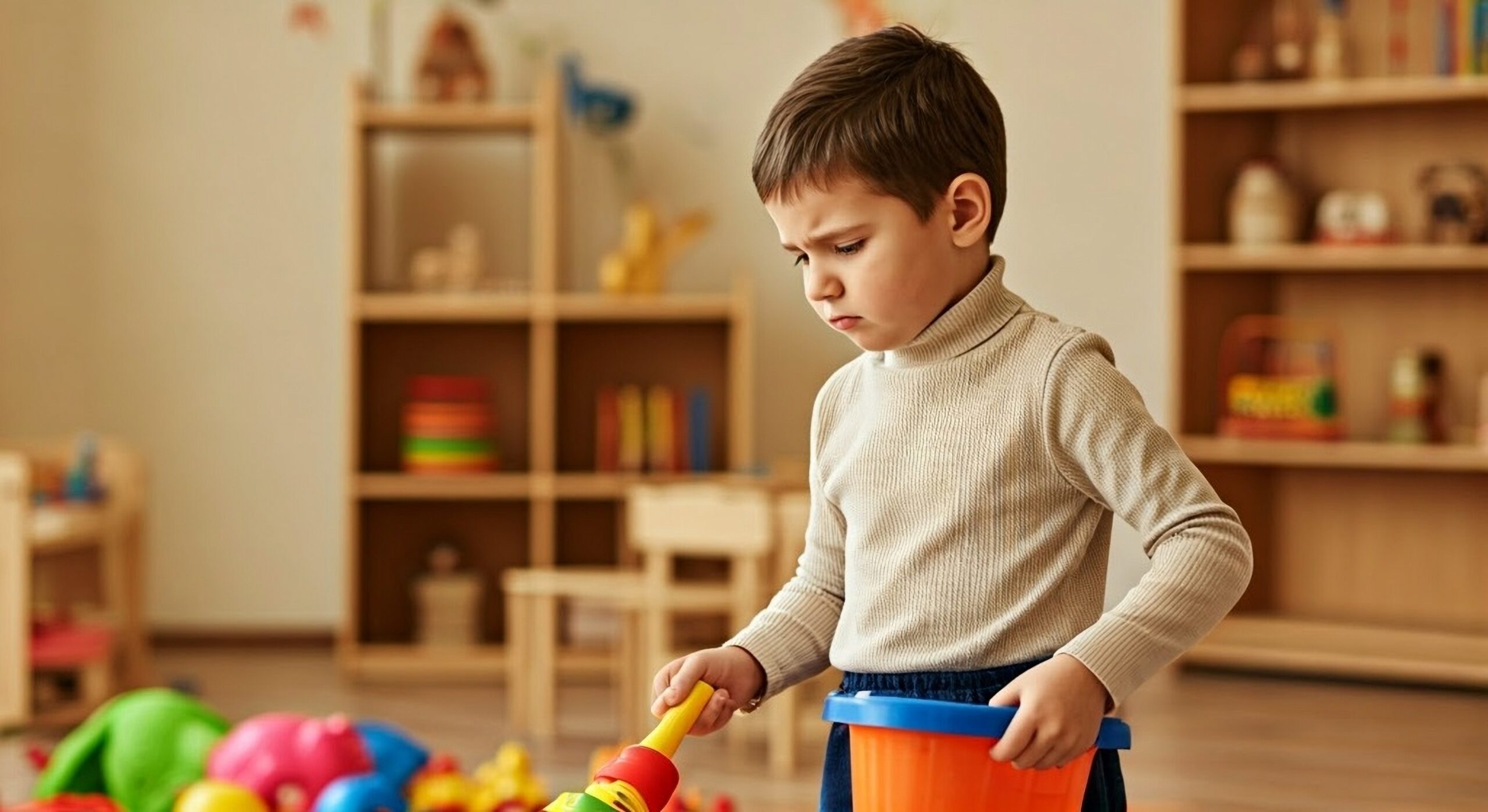 Child facing frustration with toy cleanup, reflecting executive function challenges in preschool.