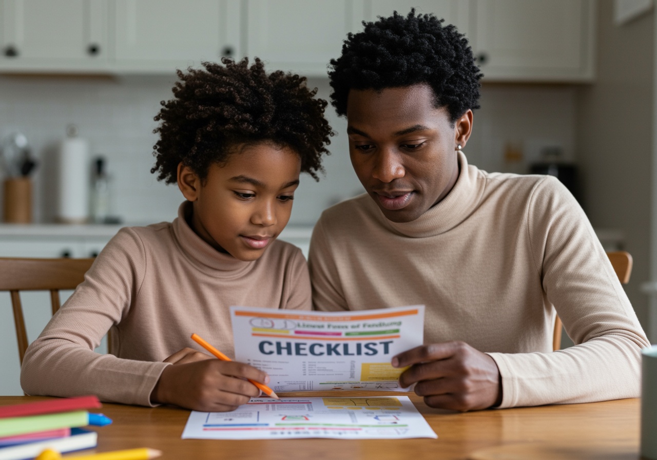Parent and child using a checklist to support executive function skills at home.