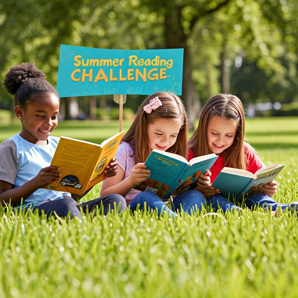 Outdoor,Photo,Of,Smiling,Children,Engrossed,In,Books,In,Park,