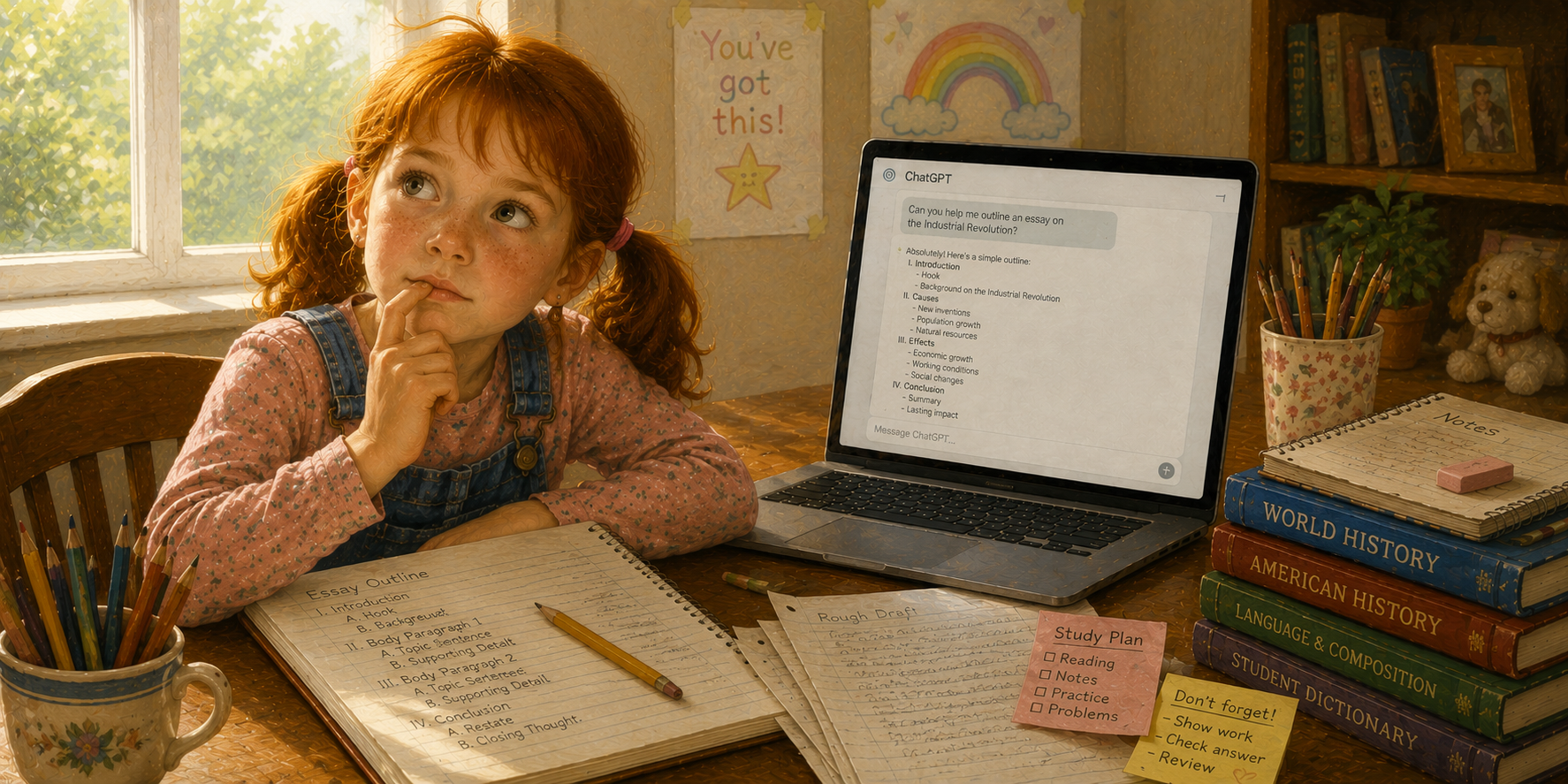 pigtailed girl thinking not cheating with AI