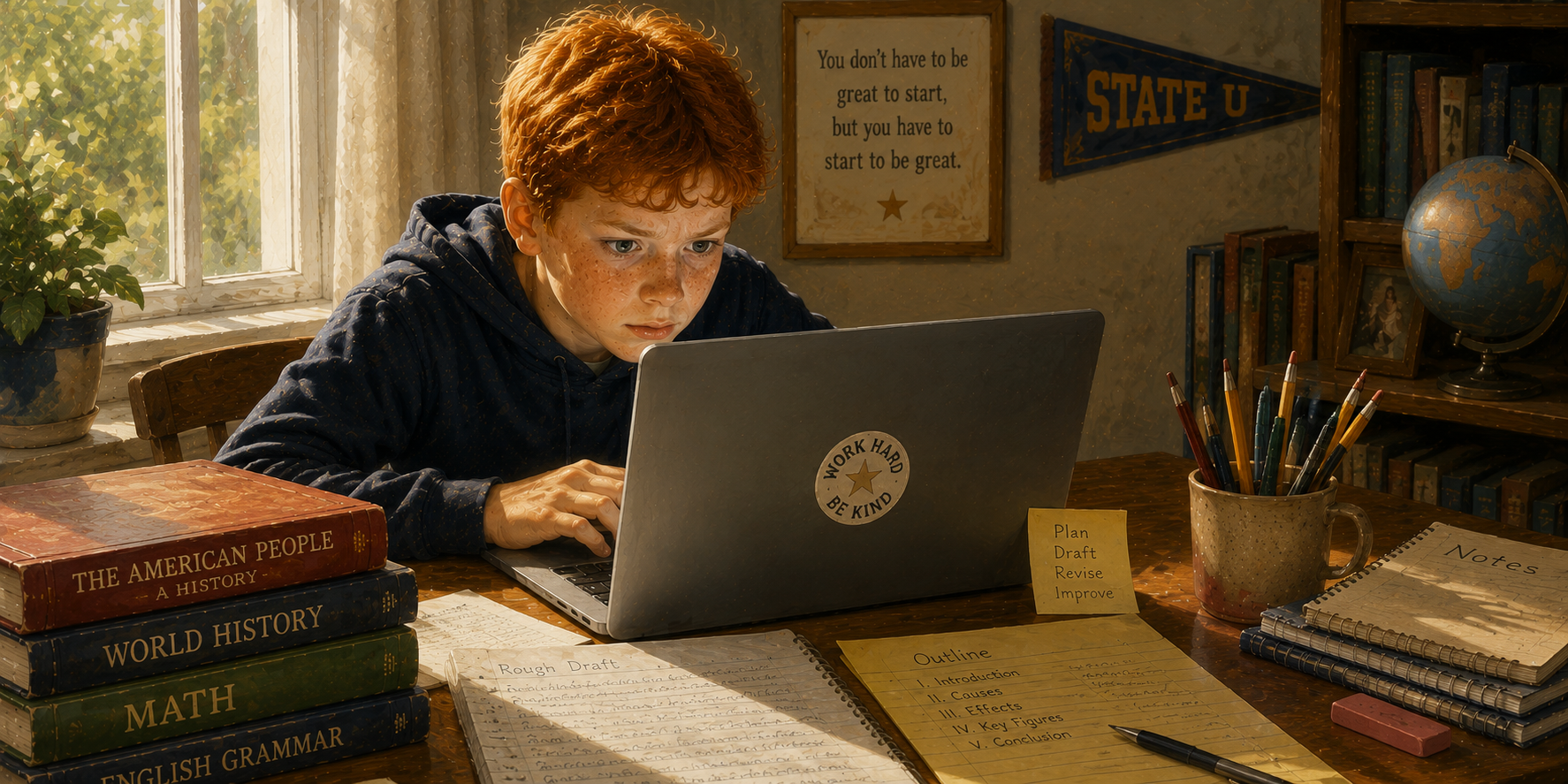 Red-headed boy not cheating with AI but engrossed, using it for research
